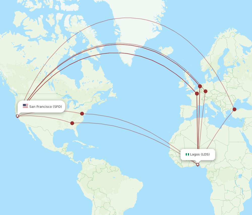 SFO to LOS flights and routes map