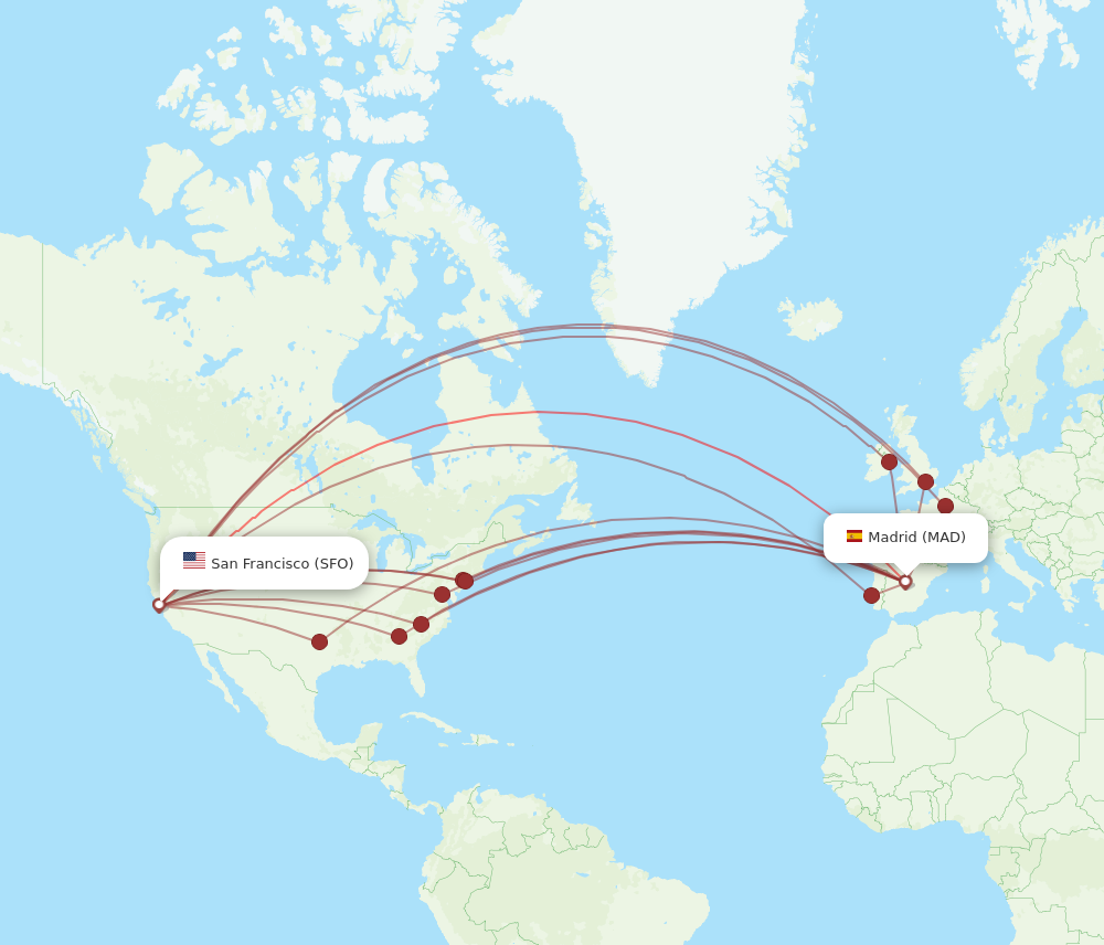 SFO to MAD flights and routes map