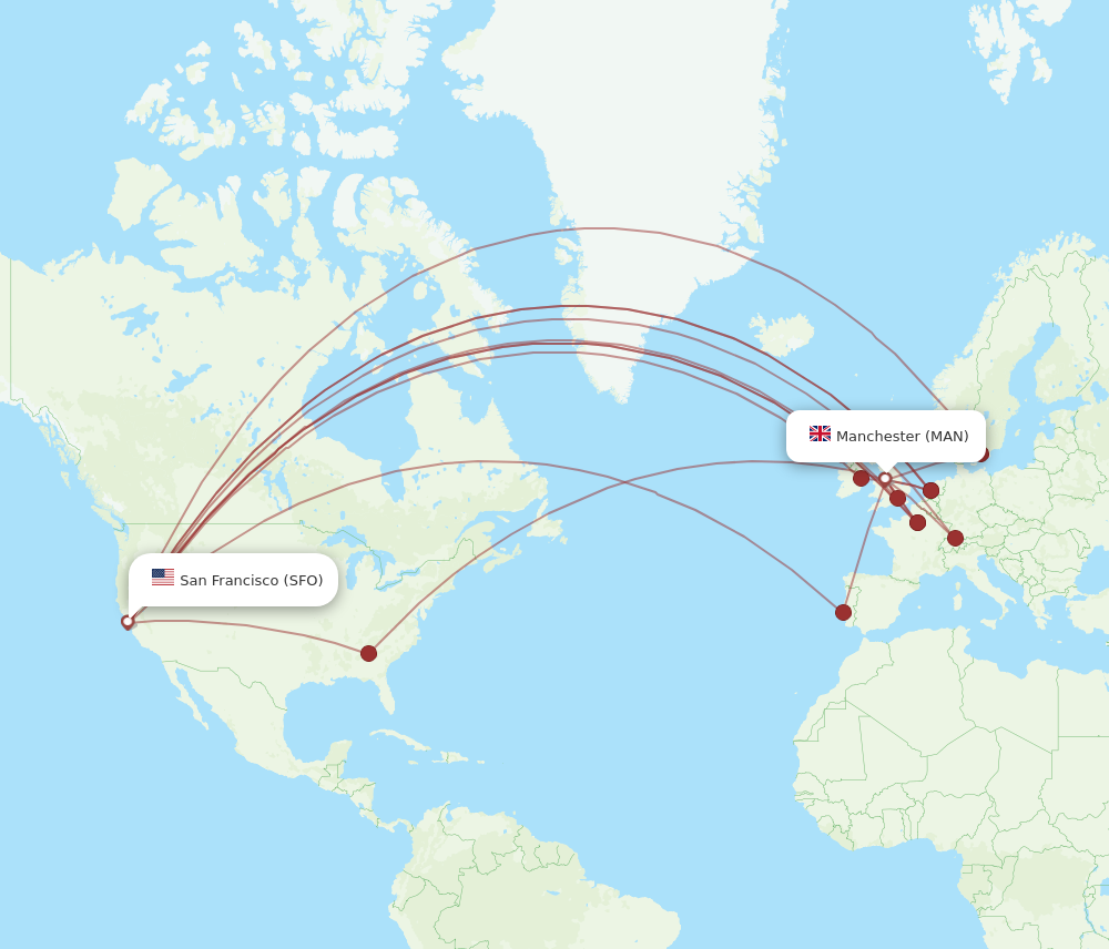 SFO to MAN flights and routes map