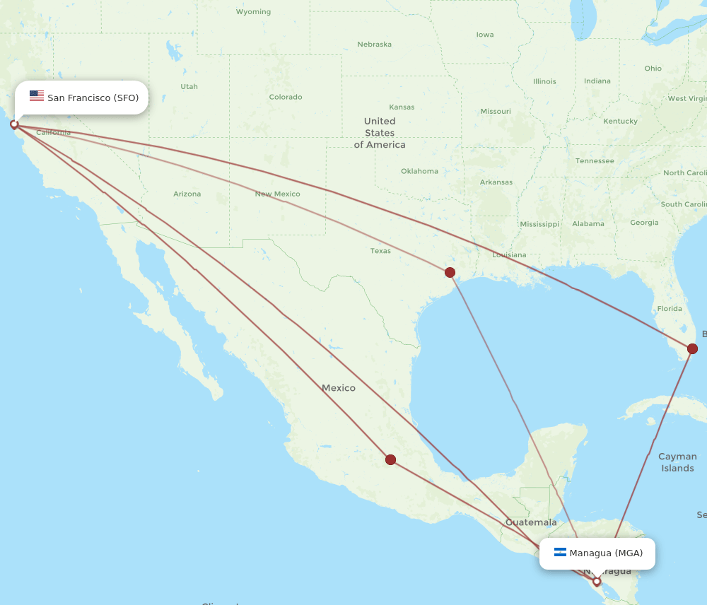 SFO to MGA flights and routes map