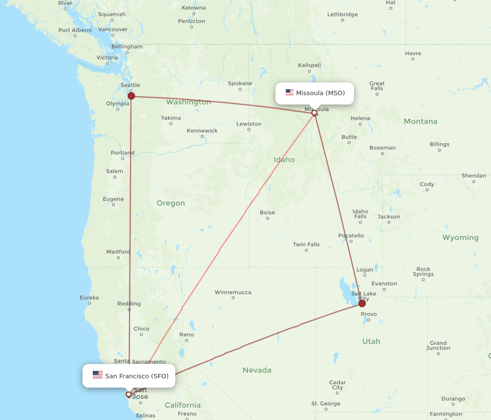 SFO to MSO flights and routes map