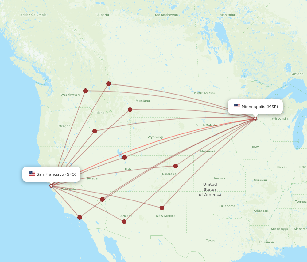 SFO to MSP flights and routes map