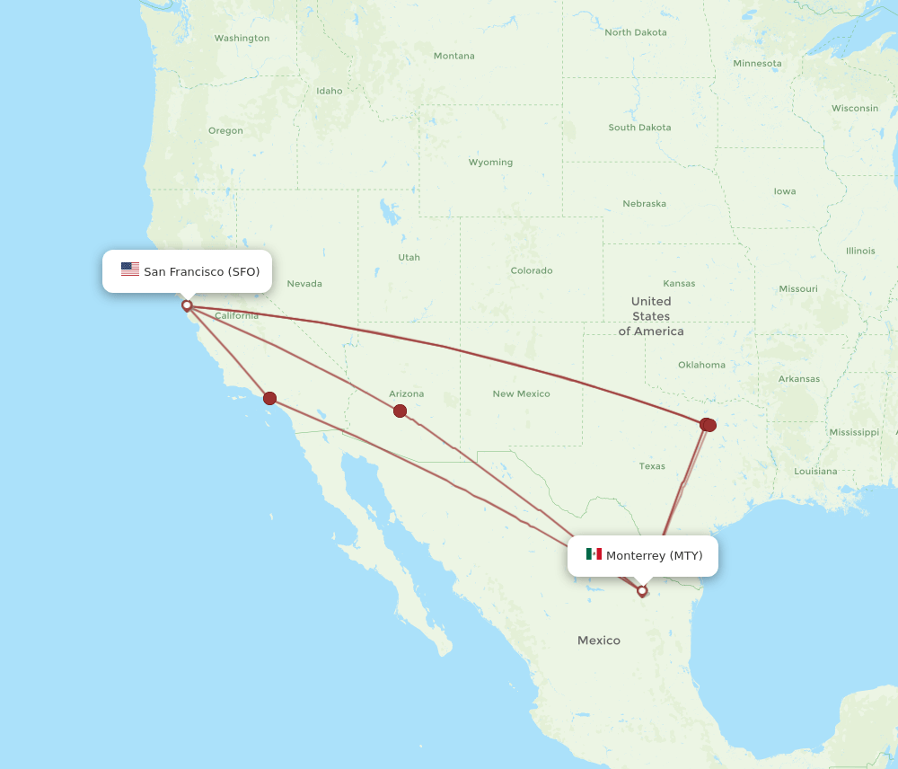 SFO to MTY flights and routes map