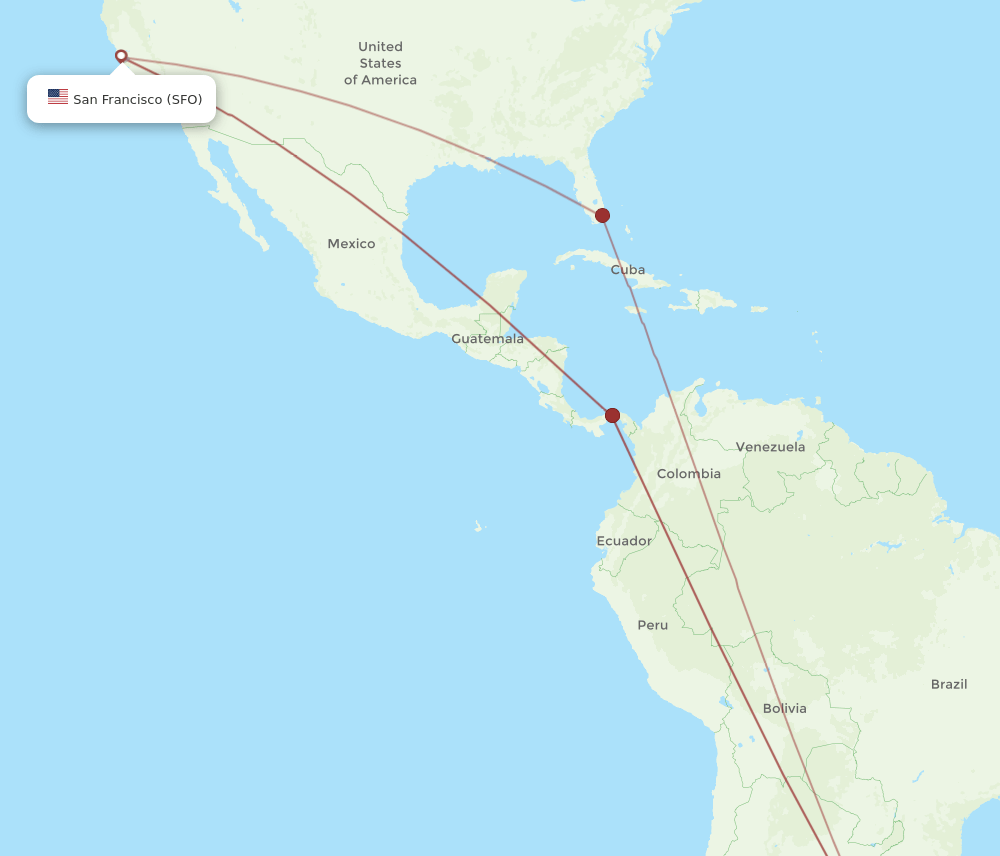 SFO to MVD flights and routes map