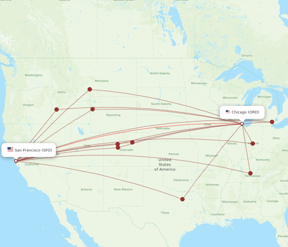SFO to ORD flights and routes map