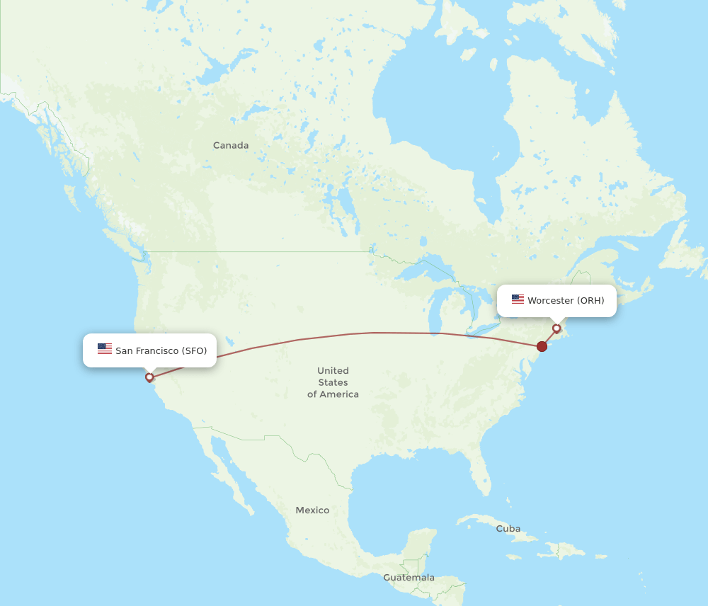San Francisco - Worcester route map and flight paths