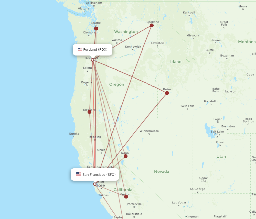 SFO to PDX flights and routes map