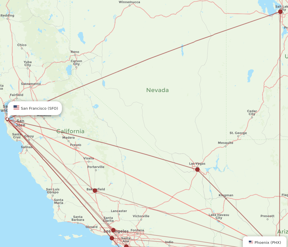 SFO to PHX flights and routes map