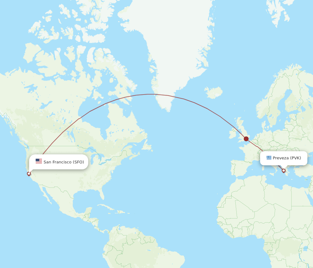 Preveza - San Francisco route map and flight paths