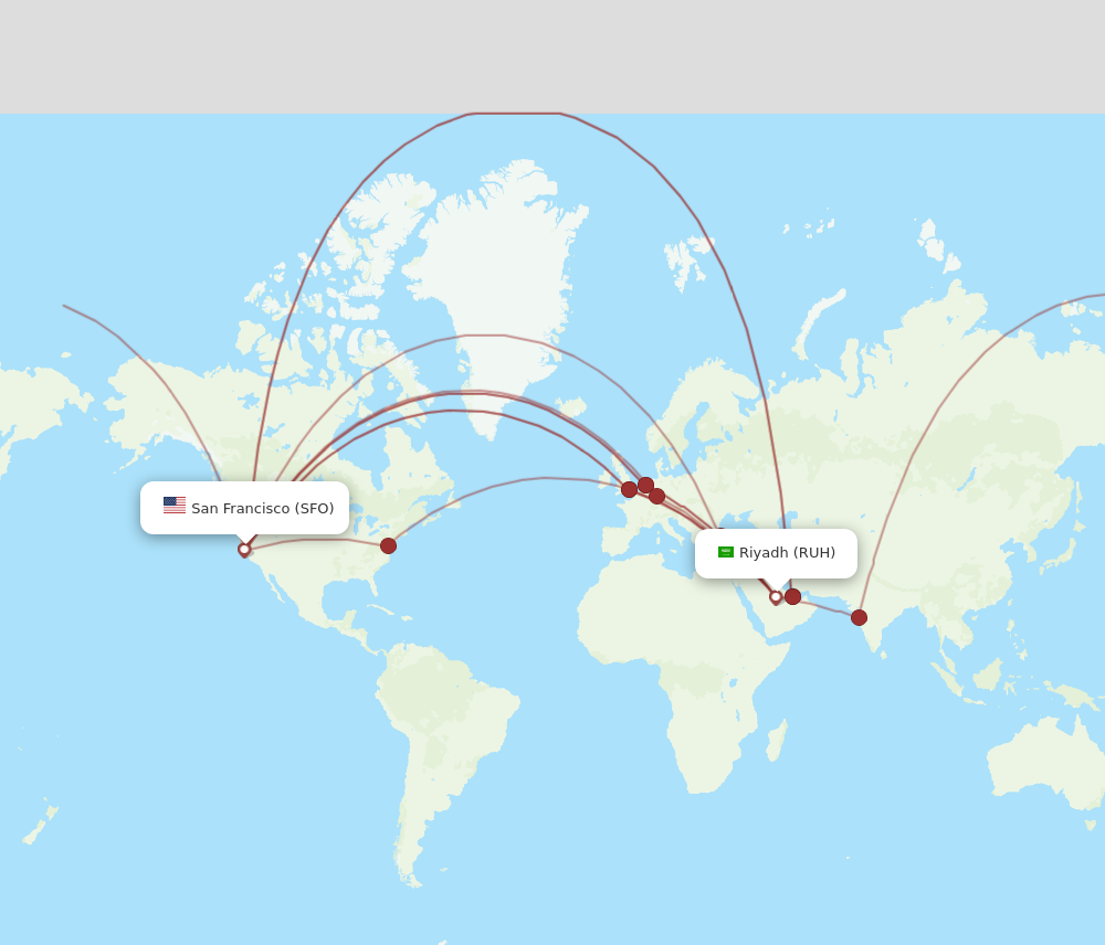 SFO to RUH flights and routes map