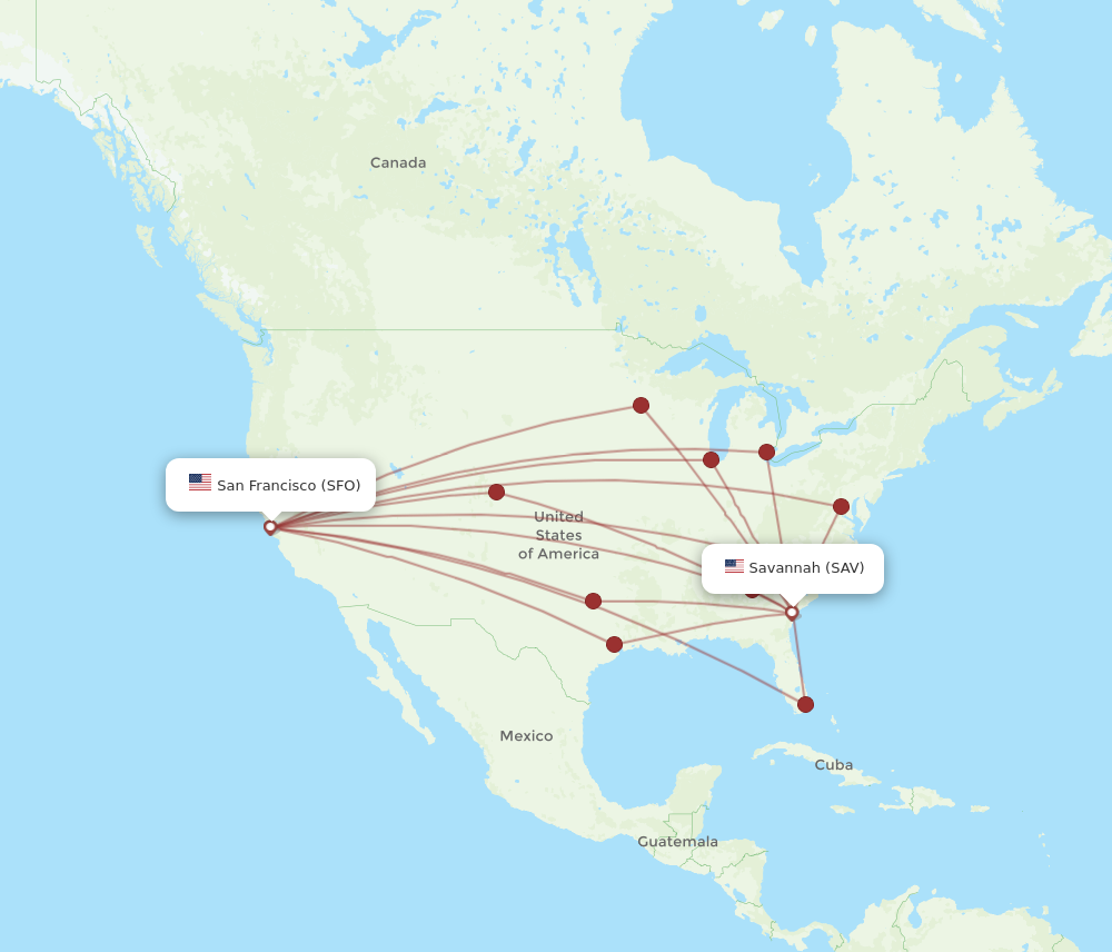 SFO to SAV flights and routes map