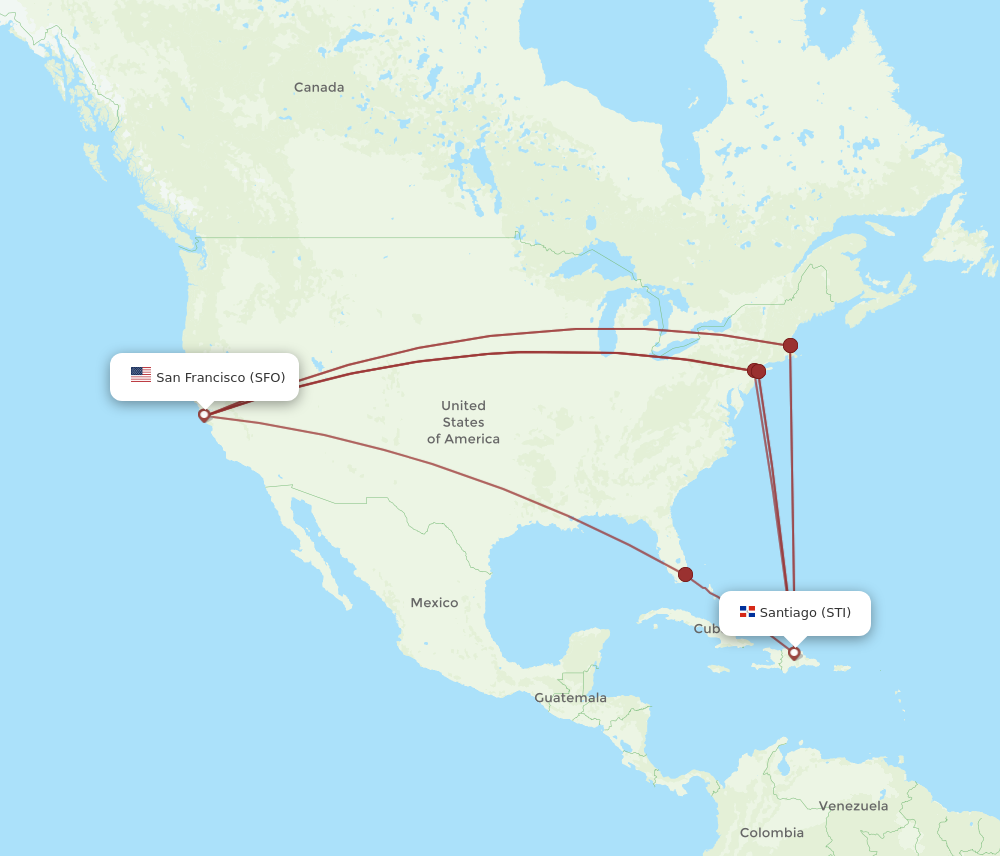 SFO to STI flights and routes map