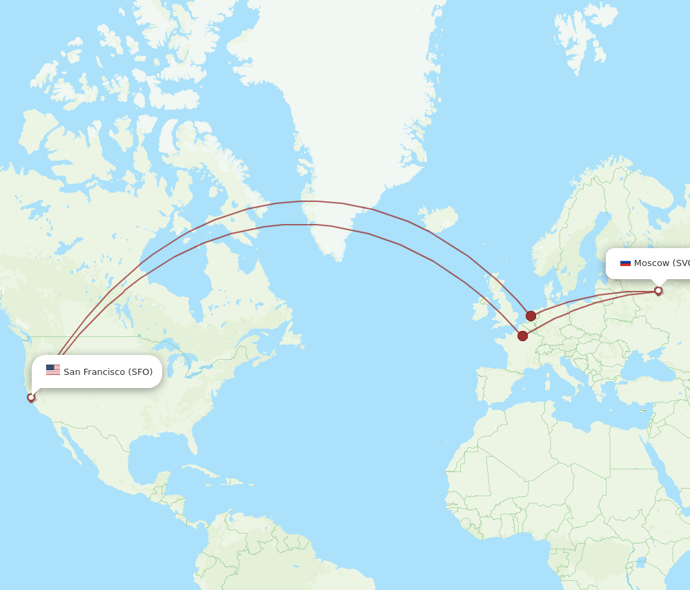 San Francisco - Moscow route map and flight paths