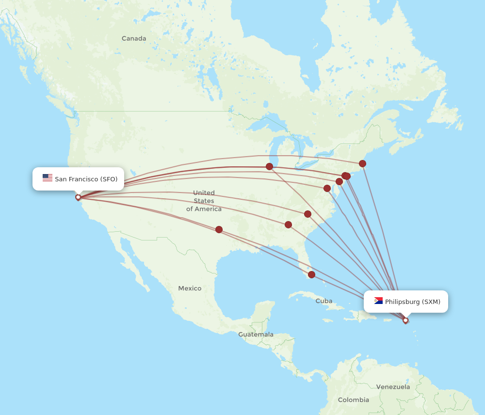 SFO to SXM flights and routes map