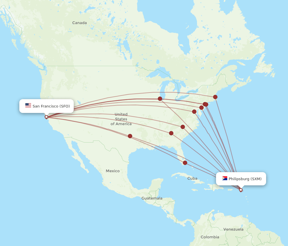 SFO to SXM flights and routes map