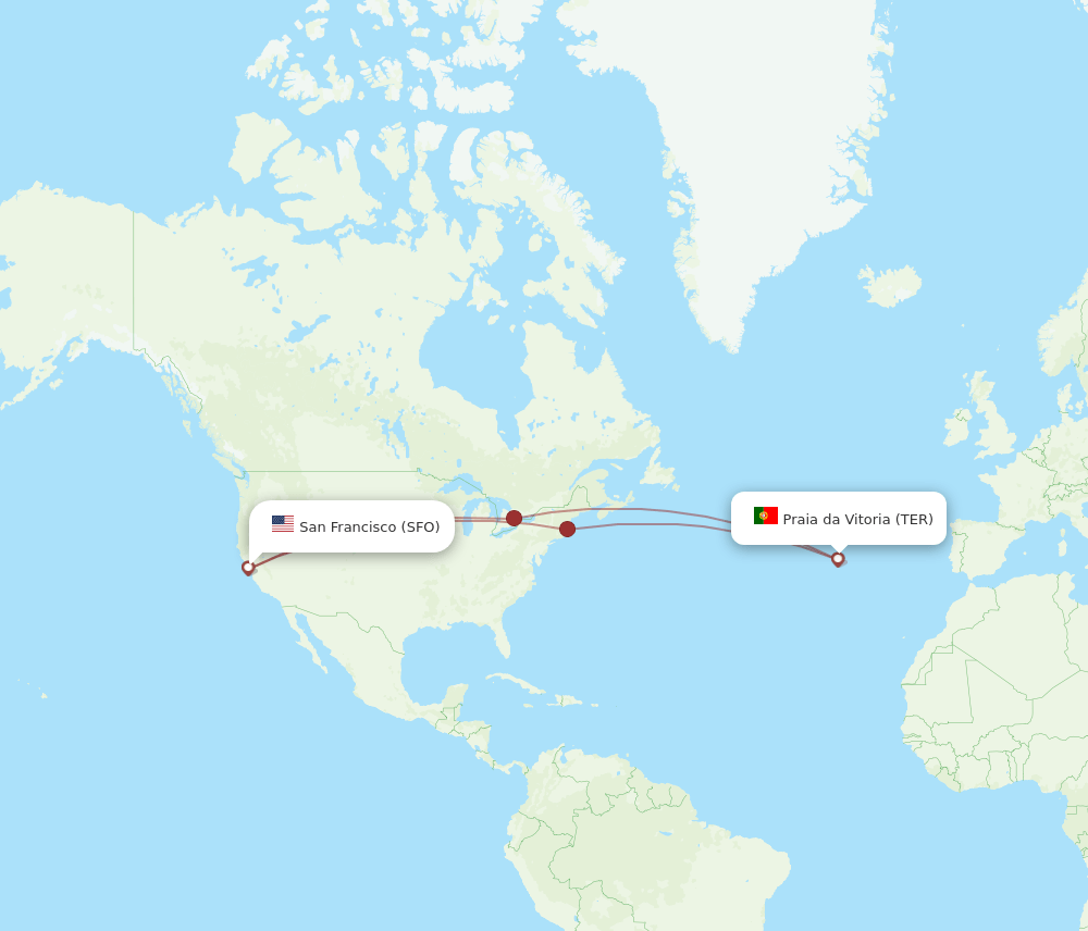 Terceira - San Francisco route map and flight paths