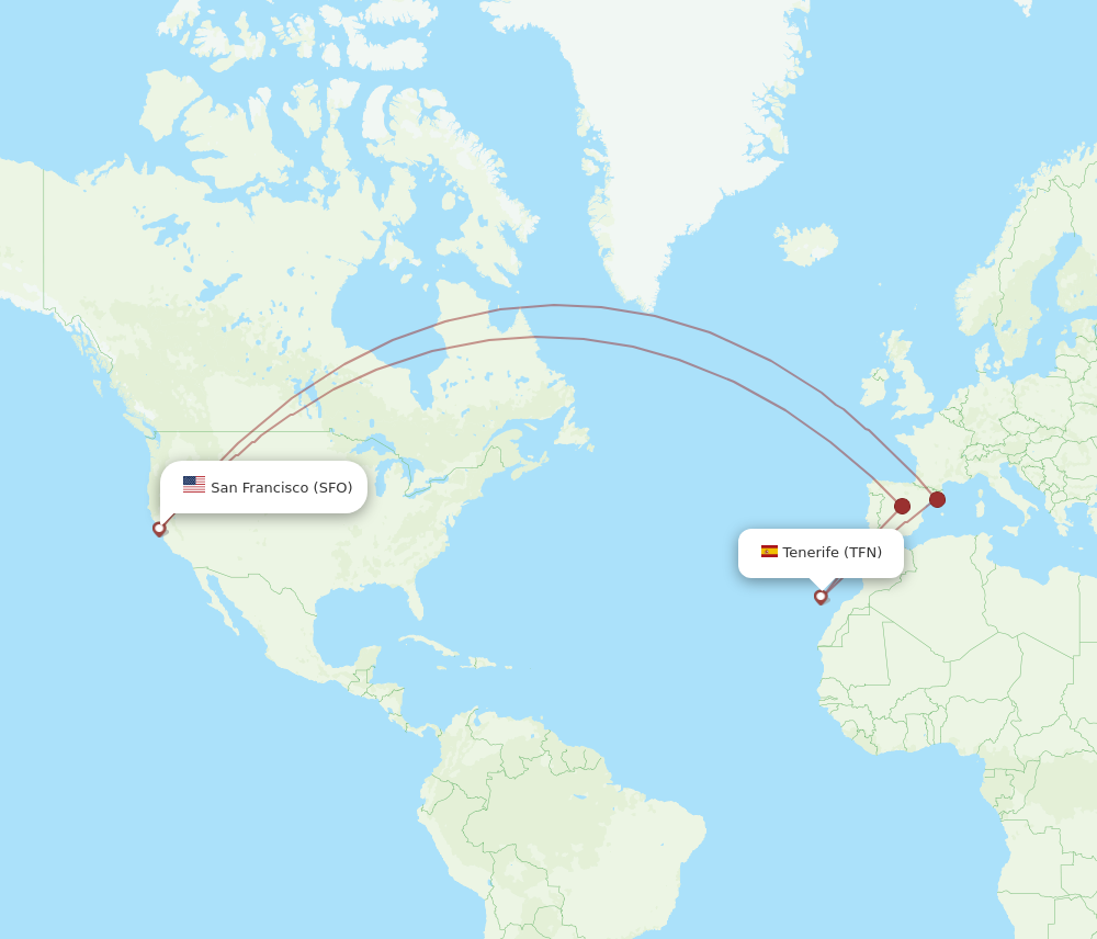 SFO to TFN flights and routes map