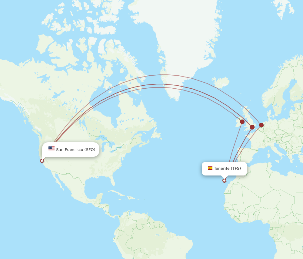 SFO to TFS flights and routes map