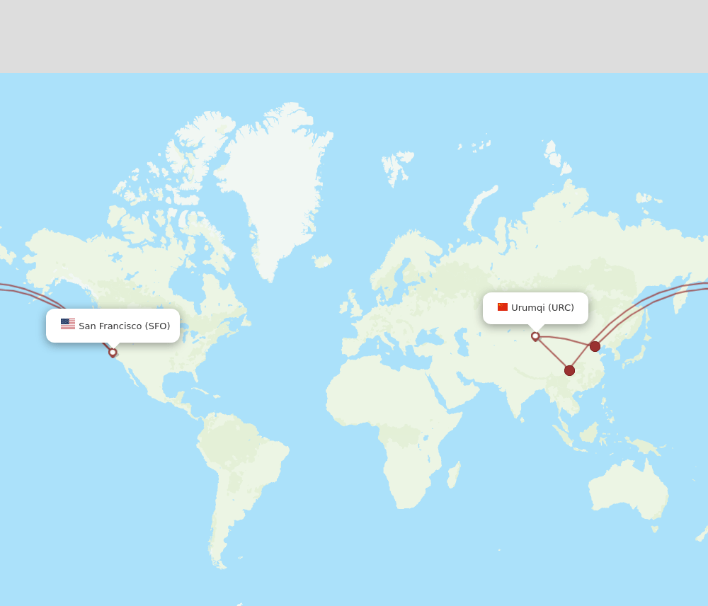 Urumqi - San Francisco route map and flight paths