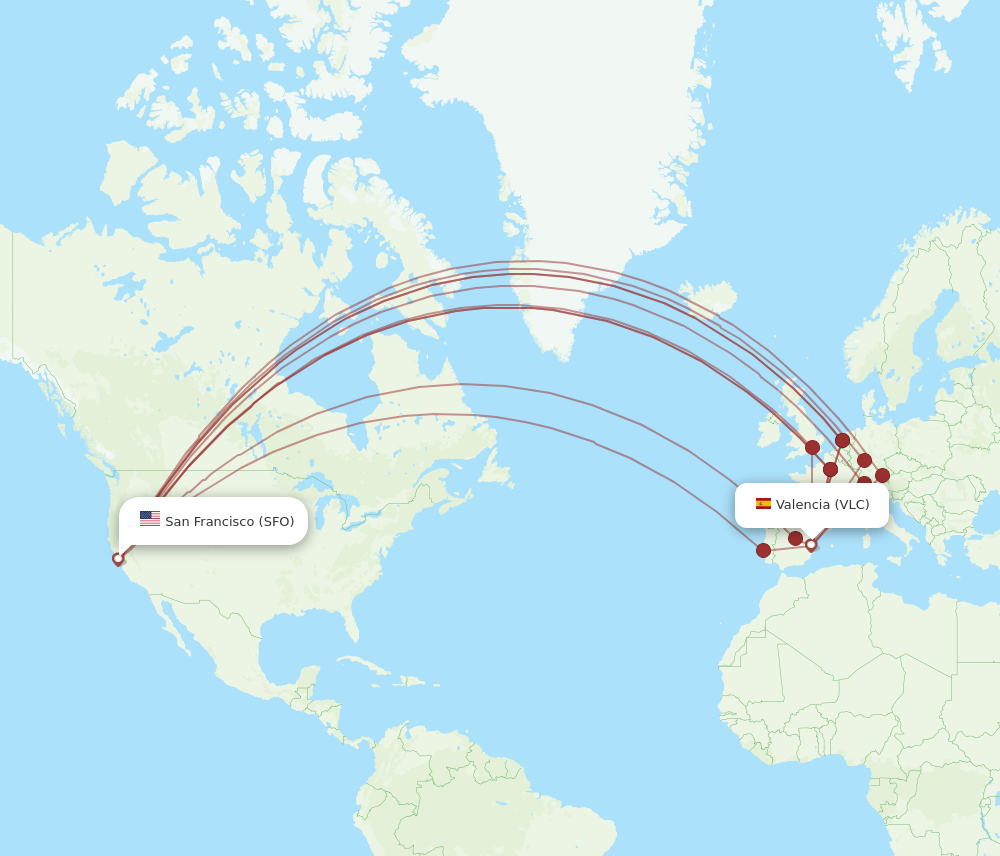 SFO to VLC flights and routes map