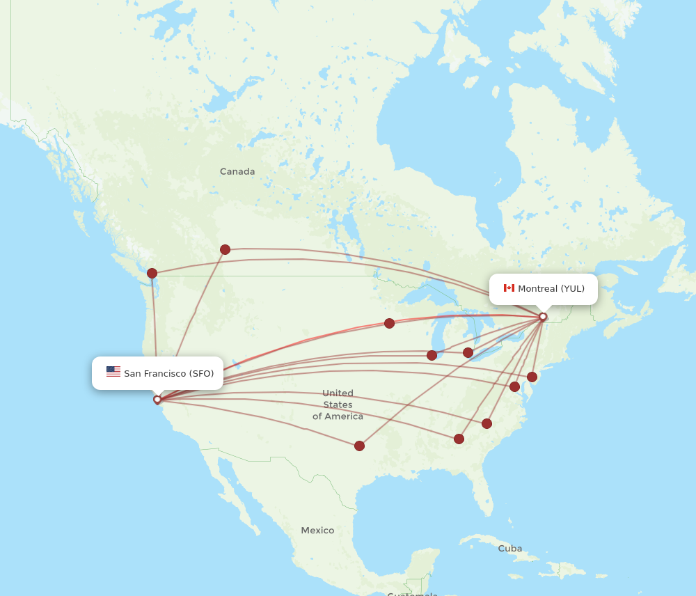 SFO to YUL flights and routes map