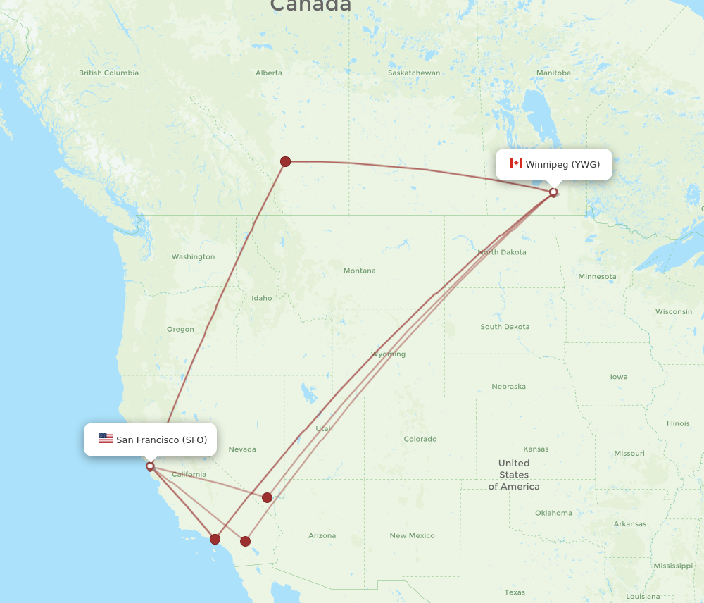 YWG to SFO flights and routes map
