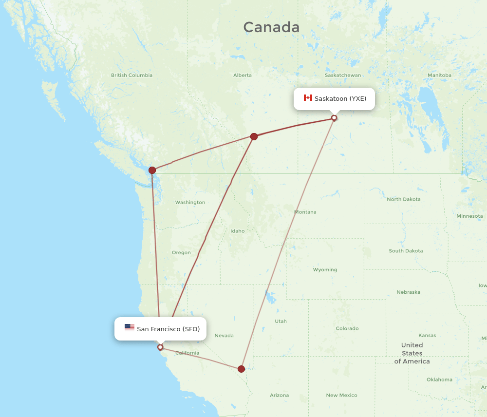 YXE to SFO flights and routes map