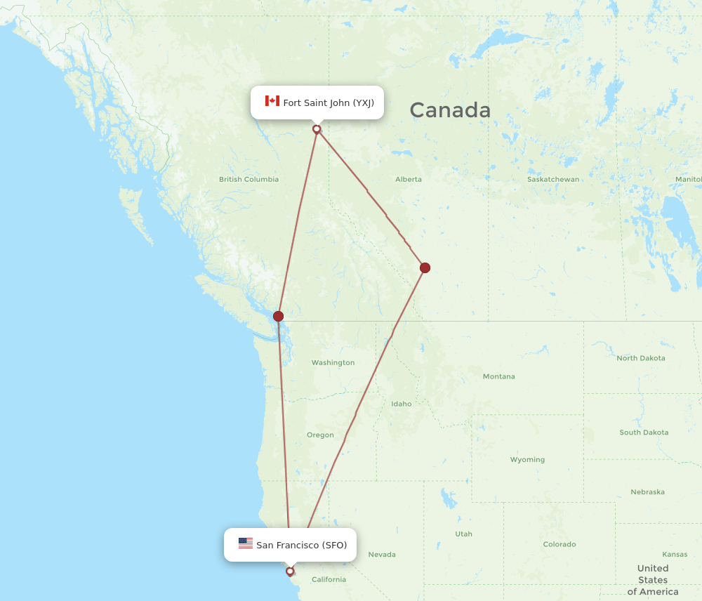 Fort St. John - San Francisco route map and flight paths