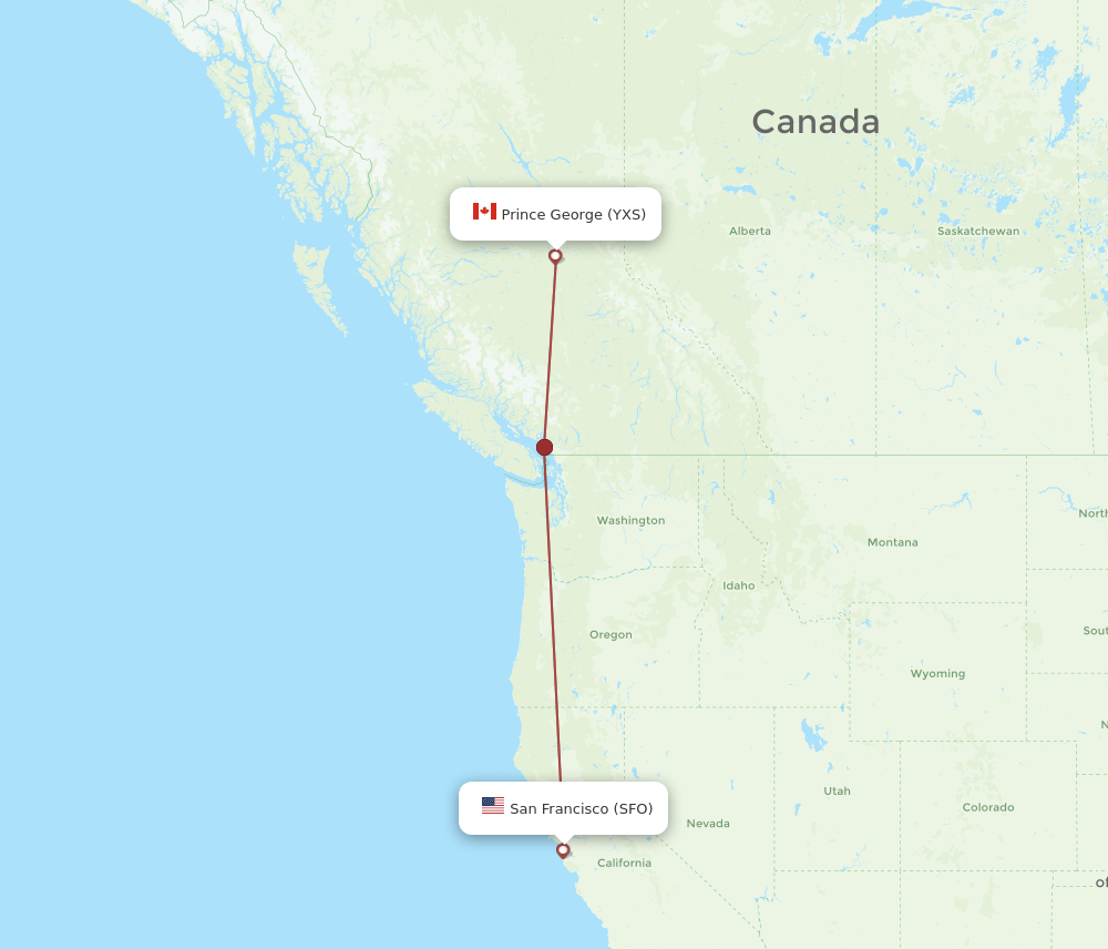 Prince George - San Francisco route map and flight paths