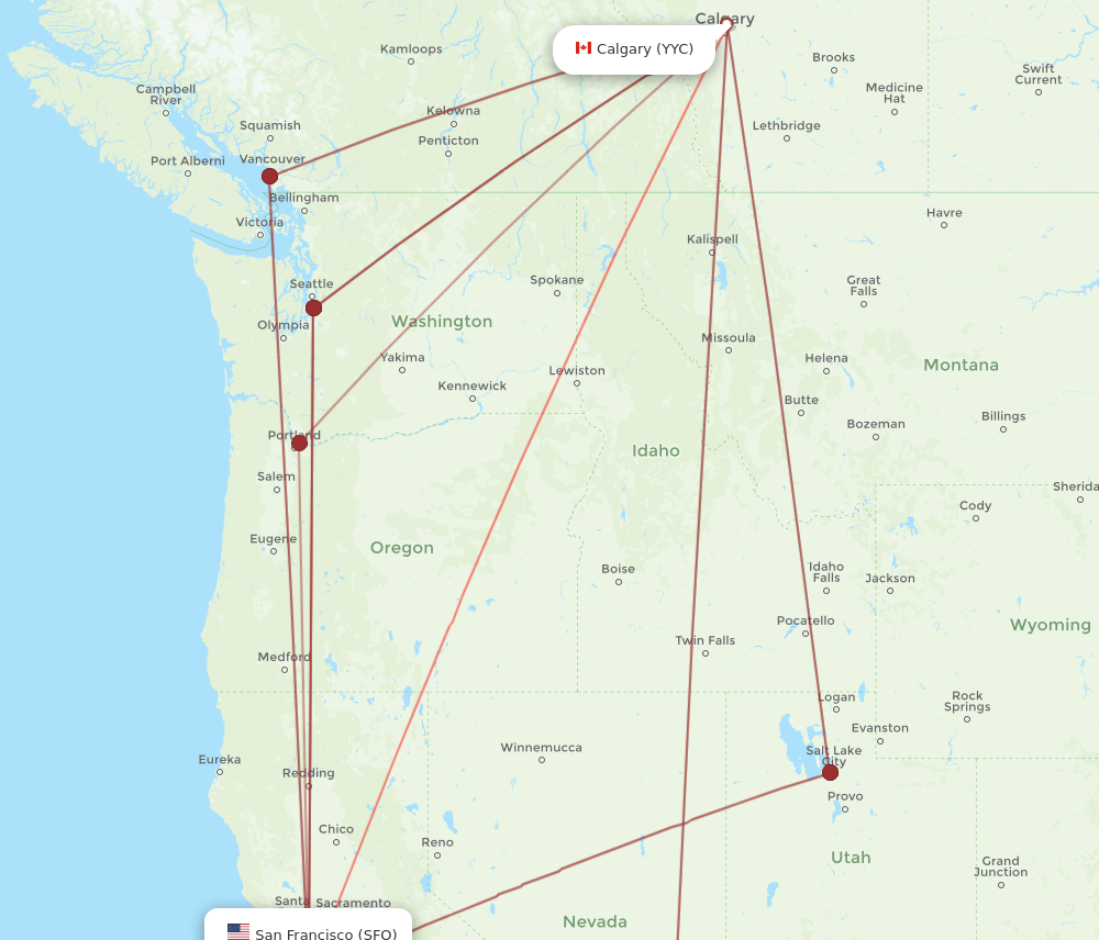 SFO to YYC flights and routes map