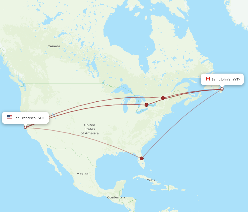 YYT to SFO flights and routes map