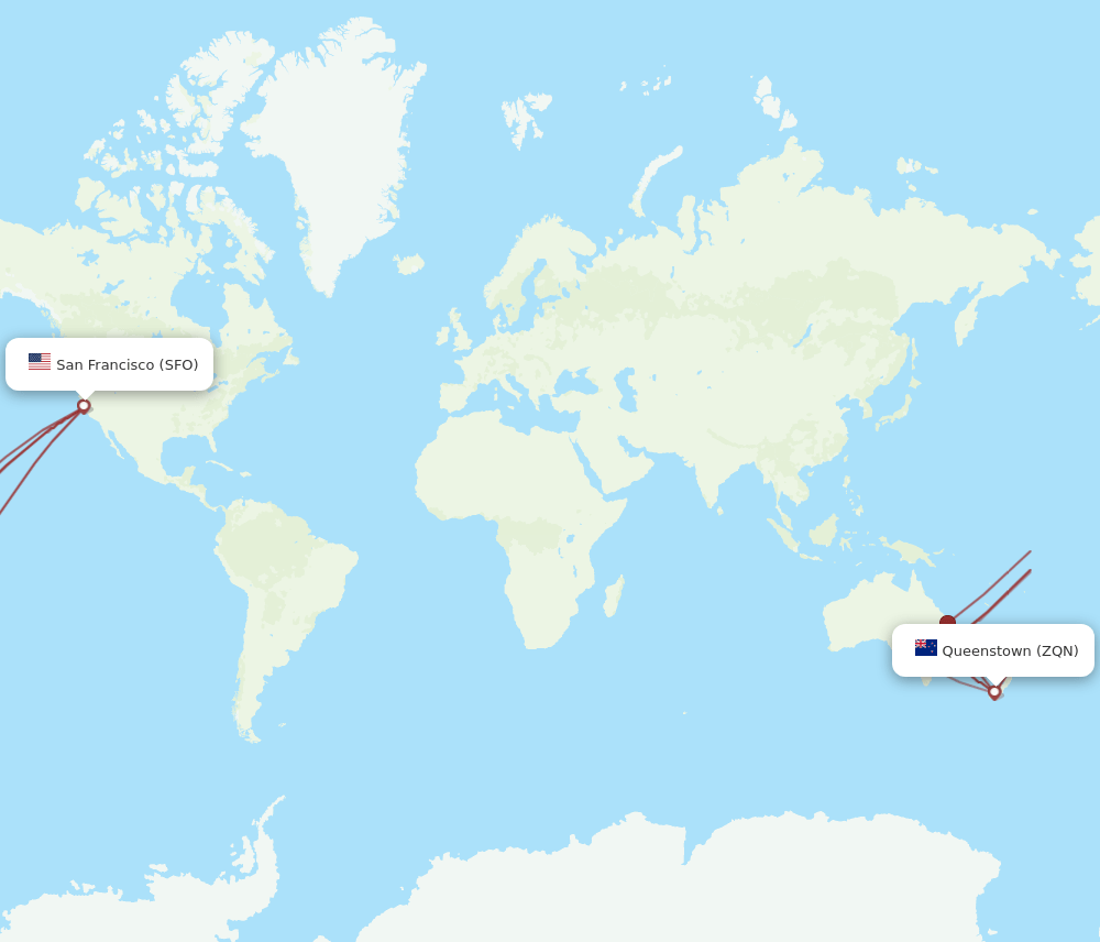 Queenstown - San Francisco route map and flight paths
