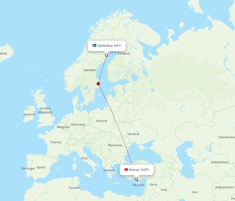 Gazipasa - Skelleftea route map and flight paths