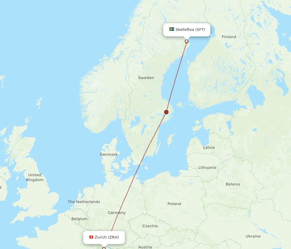 Zurich - Skelleftea route map and flight paths