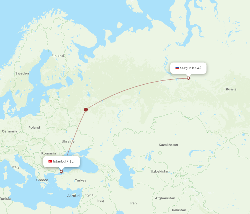 Surgut - Istanbul route map and flight paths