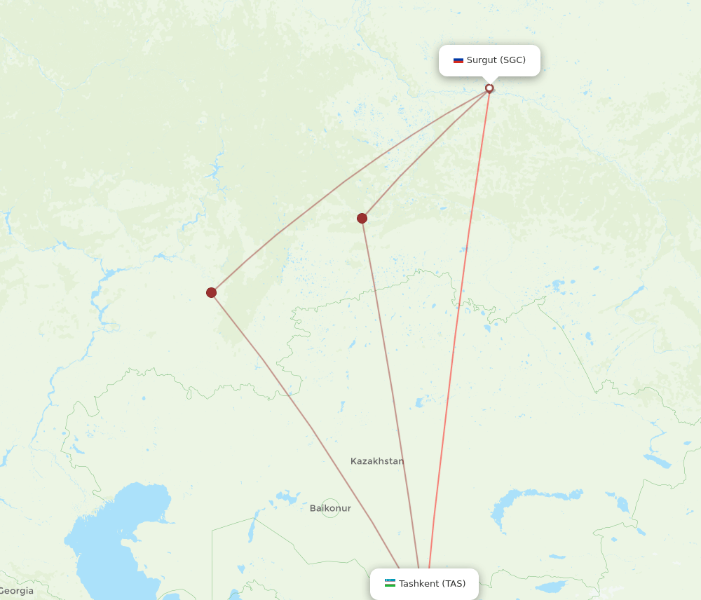 Surgut - Tashkent route map and flight paths