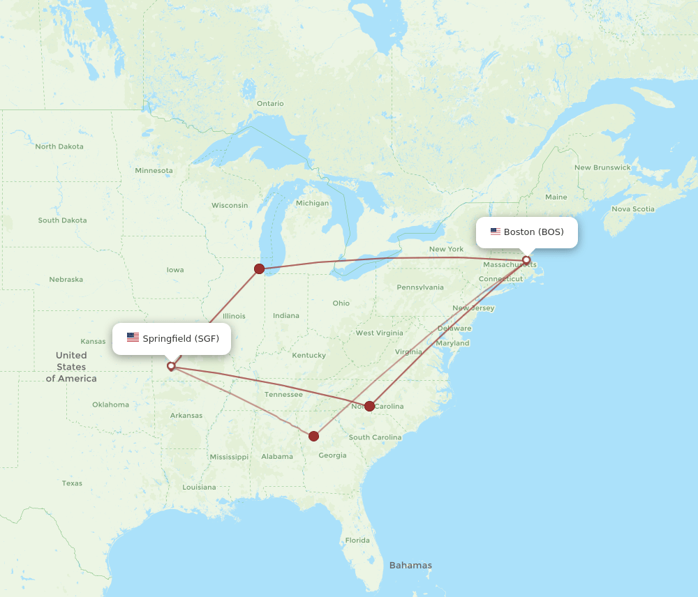 SGF to BOS flights and routes map