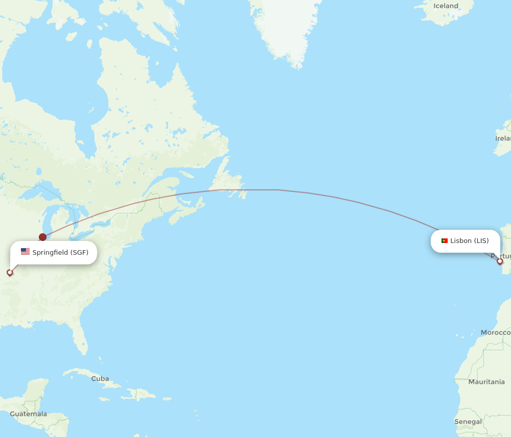 Lisbon - Springfield route map and flight paths