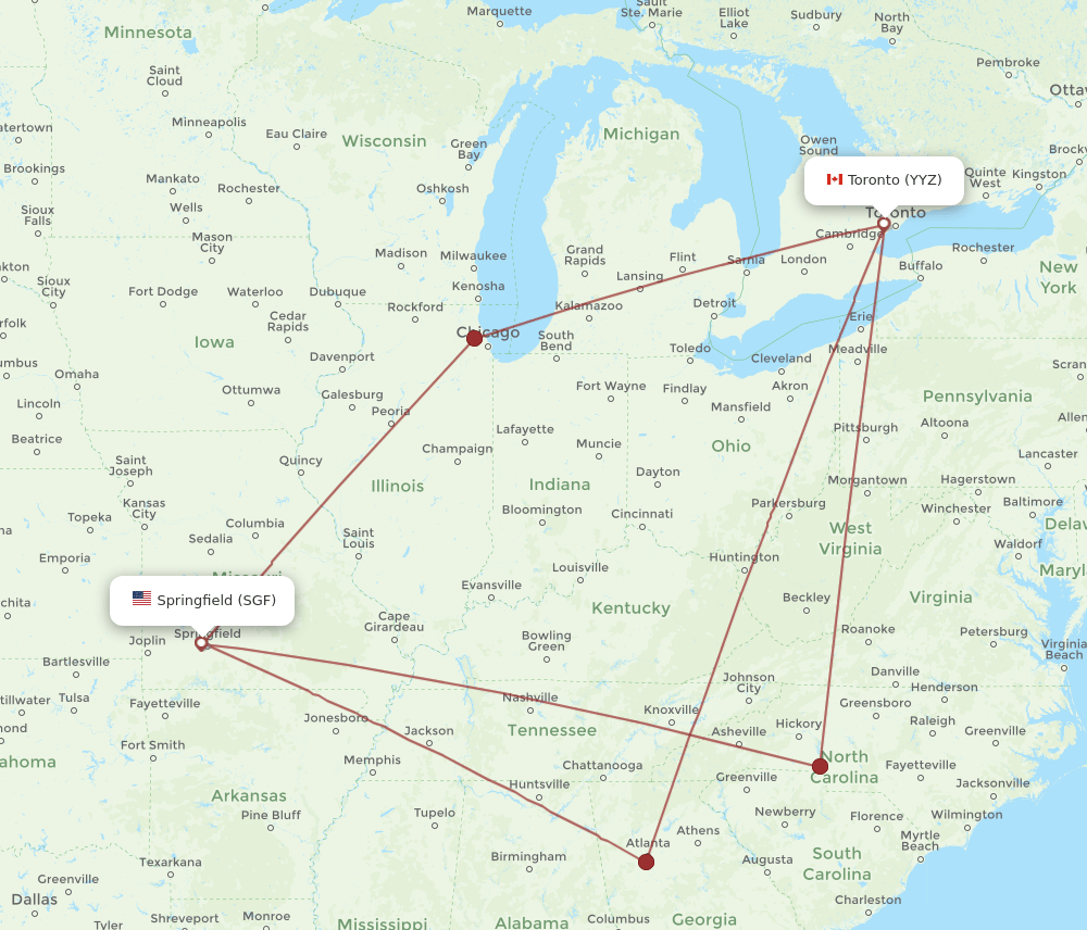 Toronto - Springfield route map and flight paths