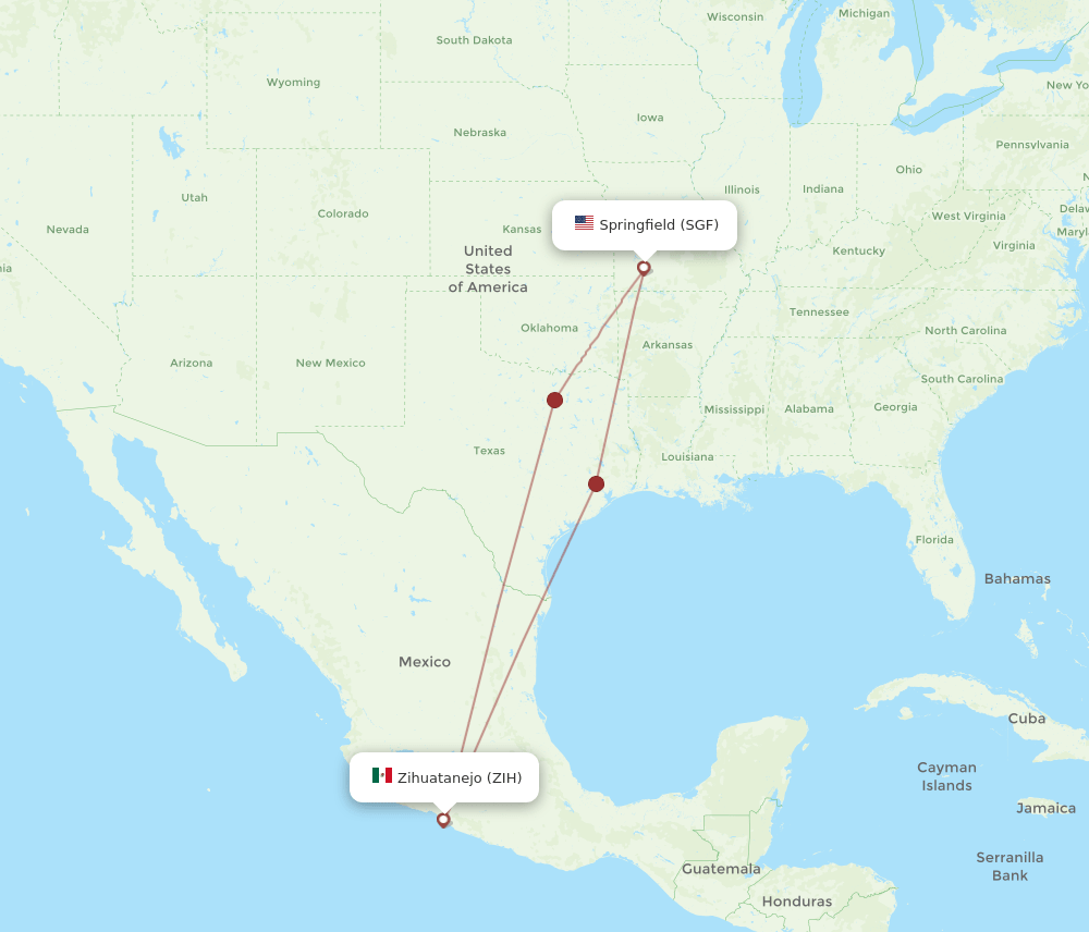 Ixtapa/Zihuatanejo - Springfield route map and flight paths