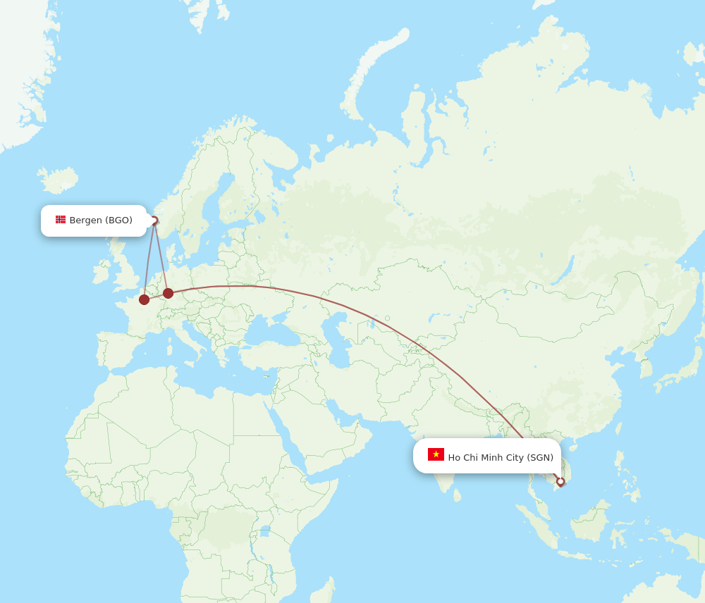 Bergen - Ho Chi Minh City route map and flight paths