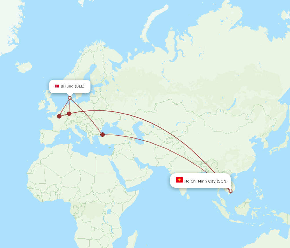 SGN to BLL flights and routes map