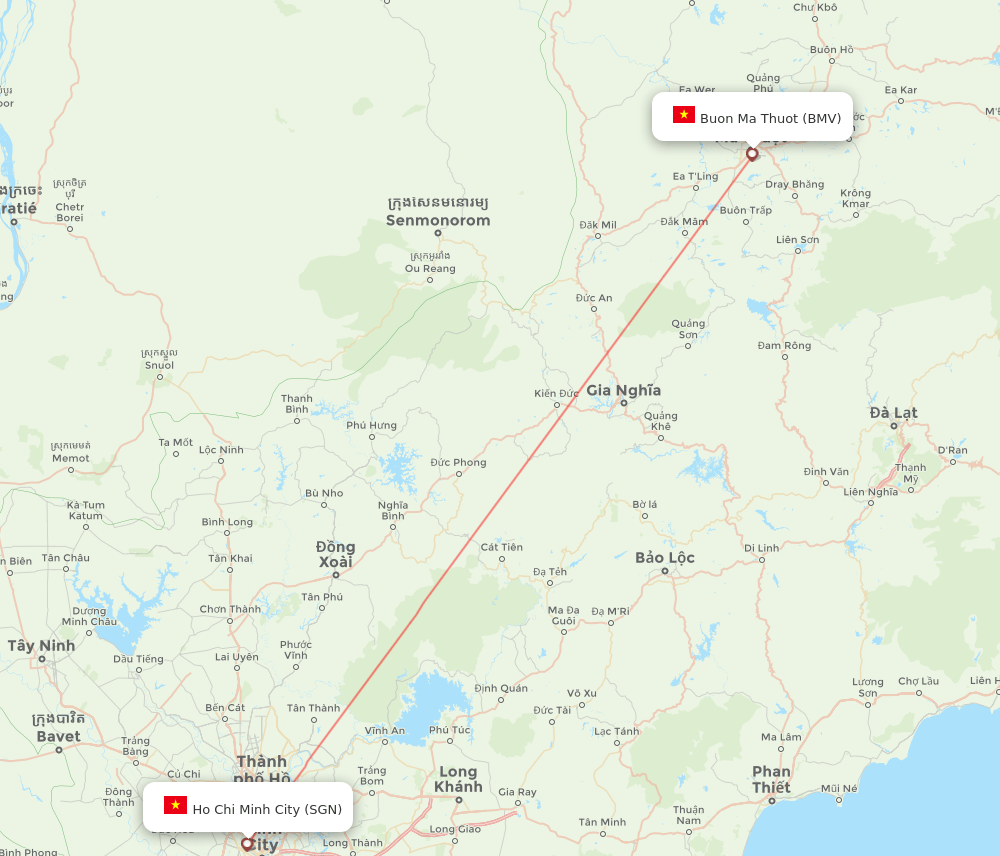 Ho Chi Minh City - Buon Ma Thout route map and flight paths