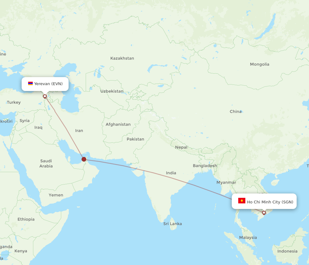 Yerevan - Ho Chi Minh City route map and flight paths