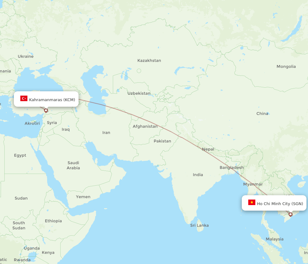 Kahramanmaras - Ho Chi Minh City route map and flight paths