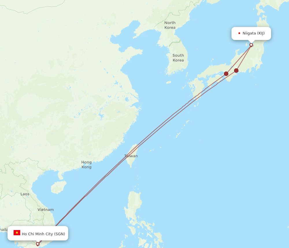 Niigata - Ho Chi Minh City route map and flight paths
