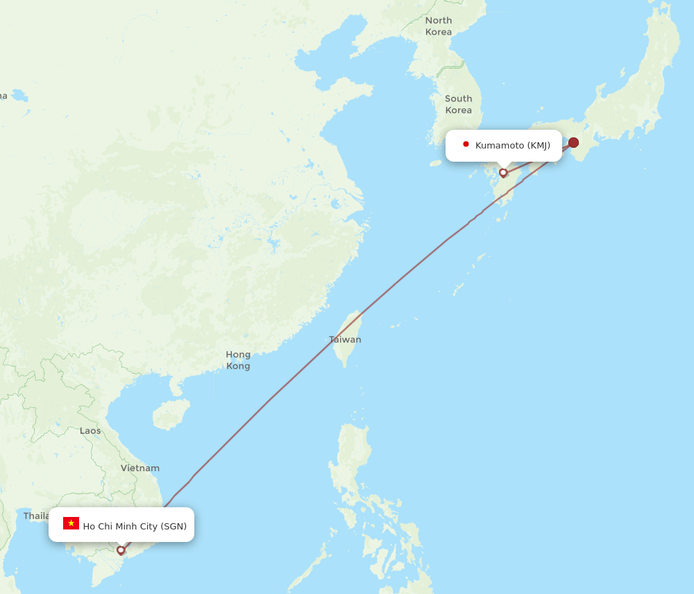 Kumamoto - Ho Chi Minh City route map and flight paths