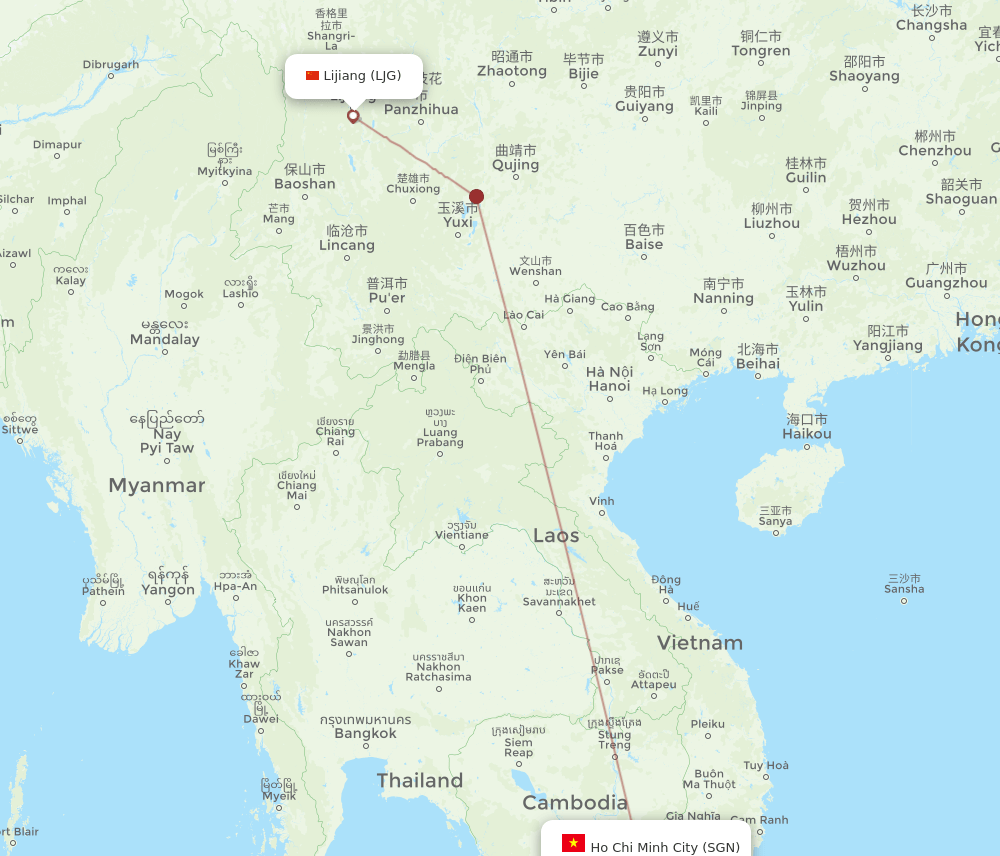 Lijiang - Ho Chi Minh City route map and flight paths