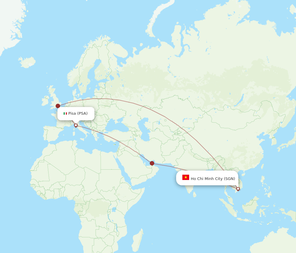 Pisa - Ho Chi Minh City route map and flight paths
