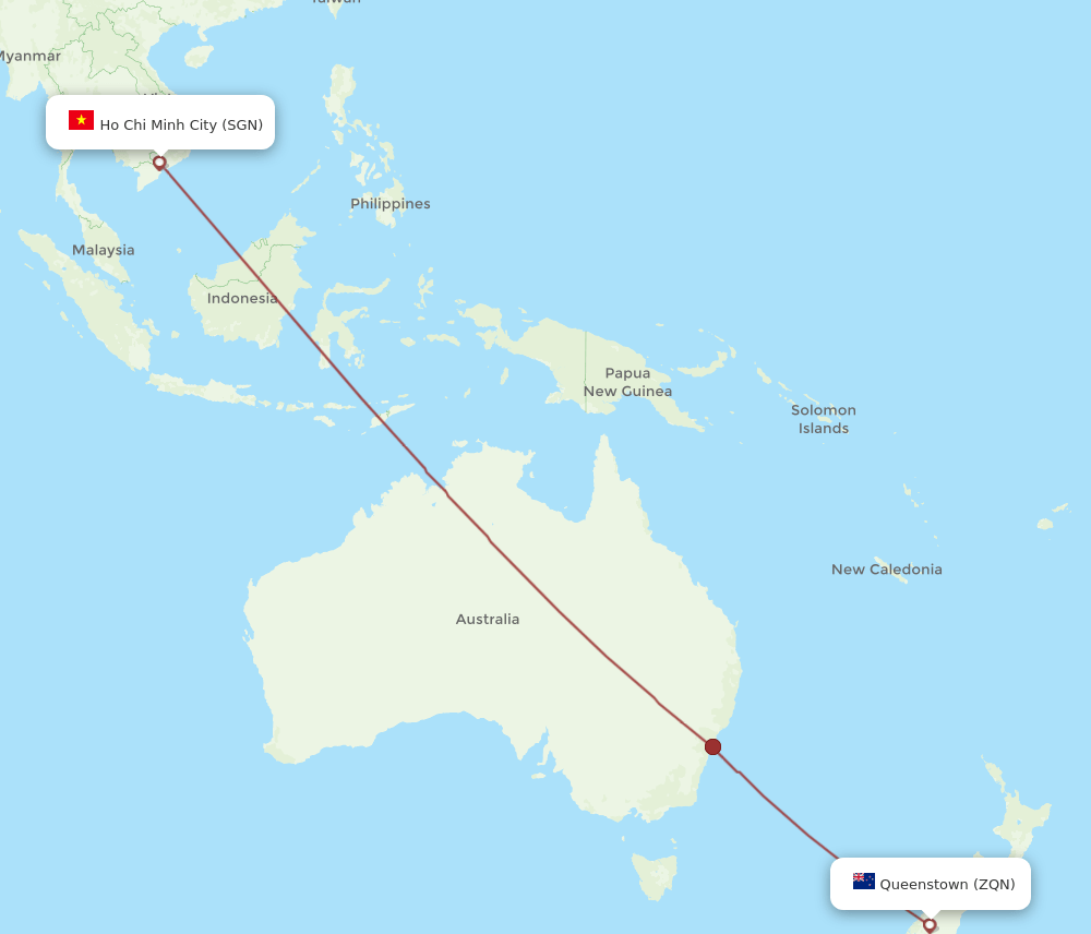 Queenstown - Ho Chi Minh City route map and flight paths